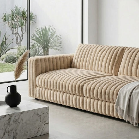 Close-up detail of taupe plush ridges faux fur fabric