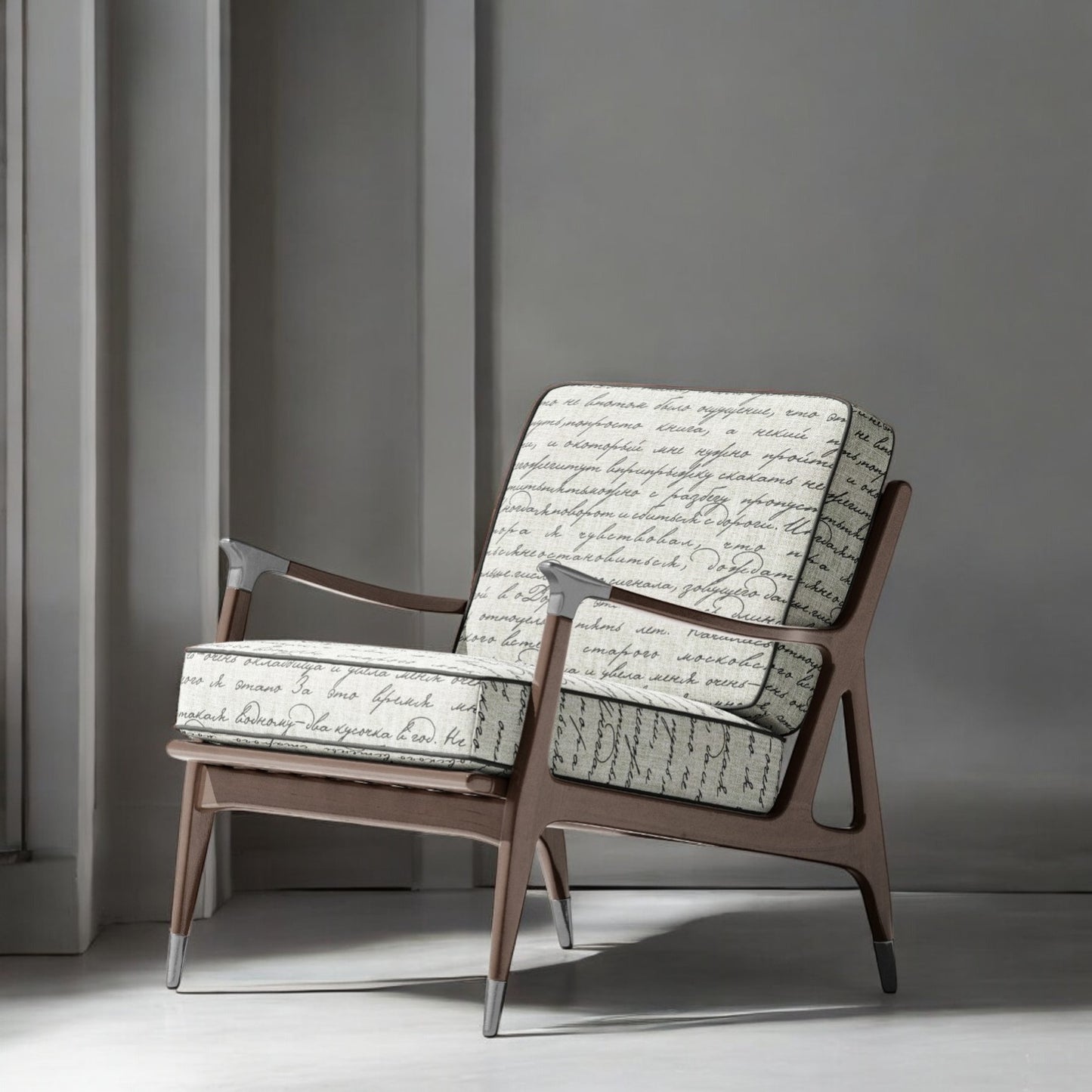 Charcoal Poet's Letter fabric on an accent chair
