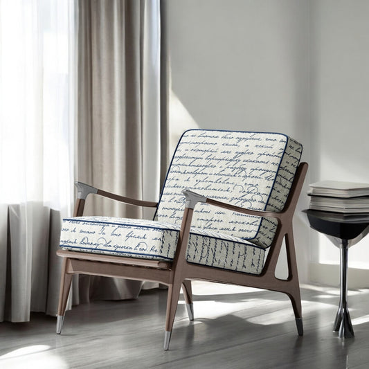 Midnight blue Poet's Letter fabric on an accent chair