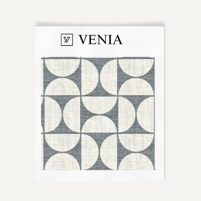 Ivory and navy retro grid upholstery fabric swatch by Venia Home