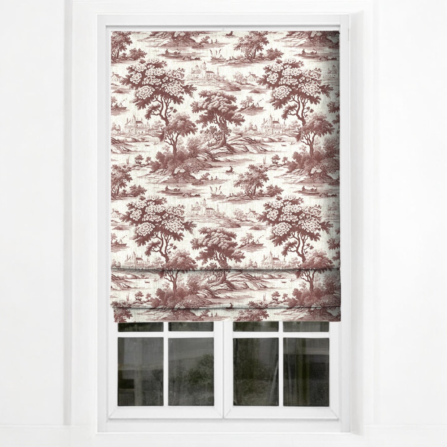 Crimson riverbend toile fabric as blinds