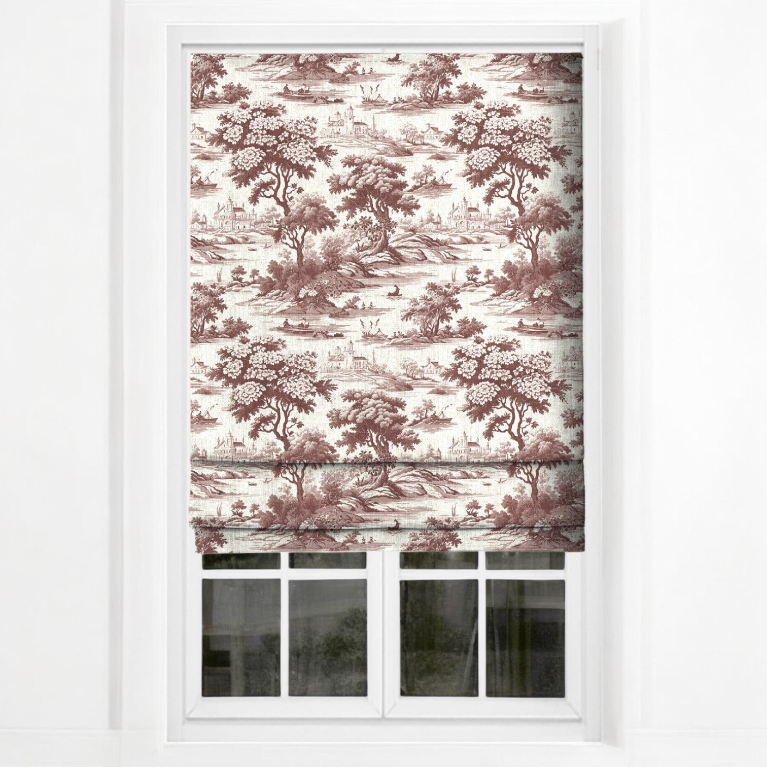Crimson riverbend toile fabric as blinds
