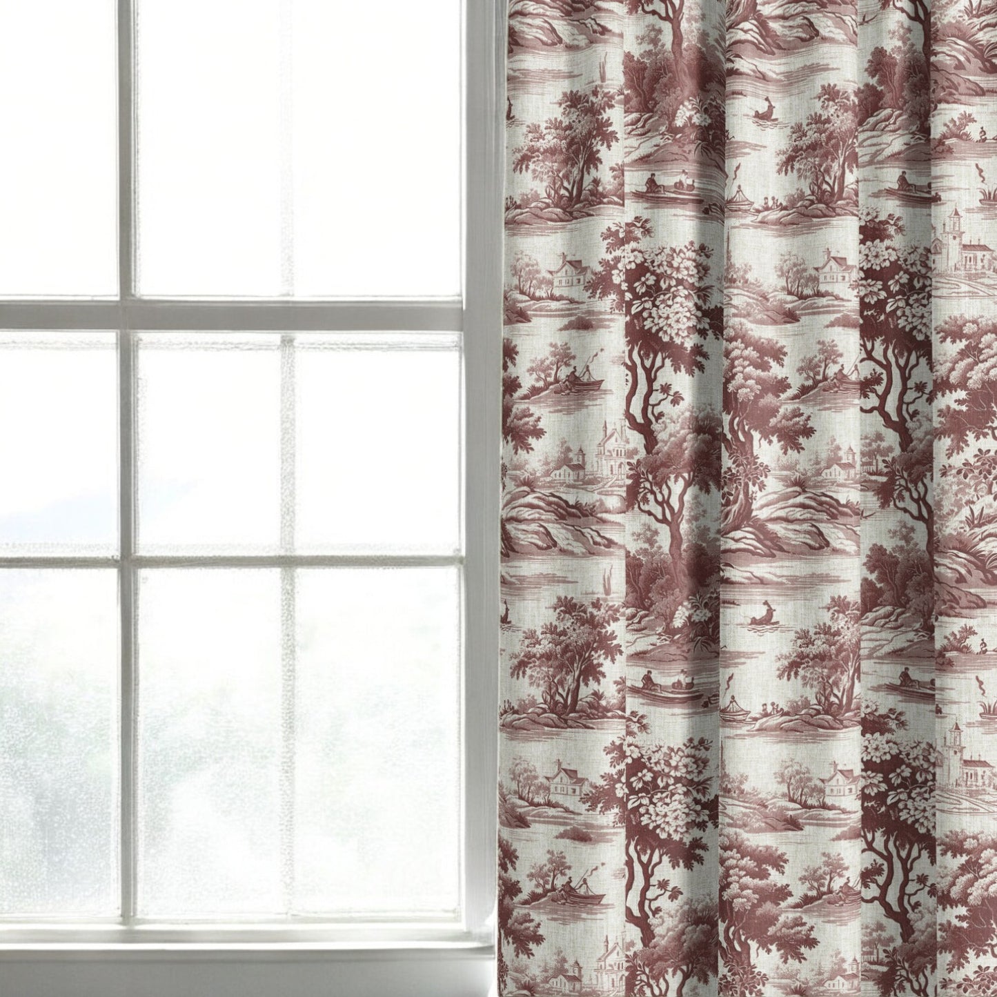 Crimson riverbend toile fabric as curtain