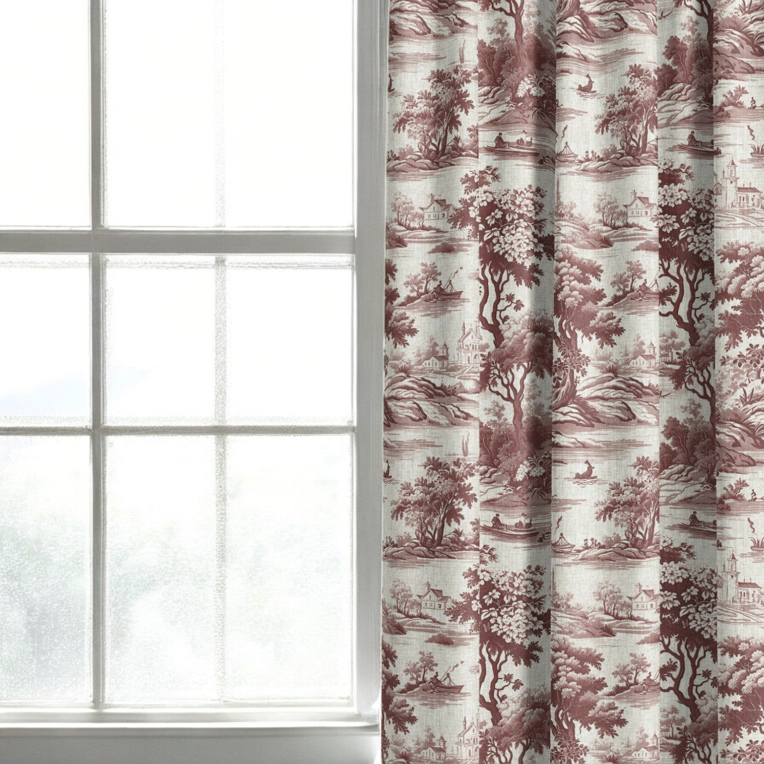 Crimson riverbend toile fabric as curtain