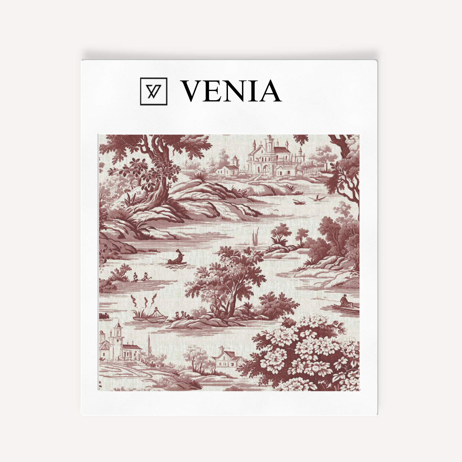 Crimson riverbend toile upholstery fabric swatch by Venia Home