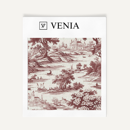 Crimson riverbend toile upholstery fabric swatch by Venia Home
