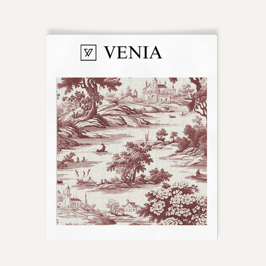 Crimson riverbend toile upholstery fabric swatch by Venia Home
