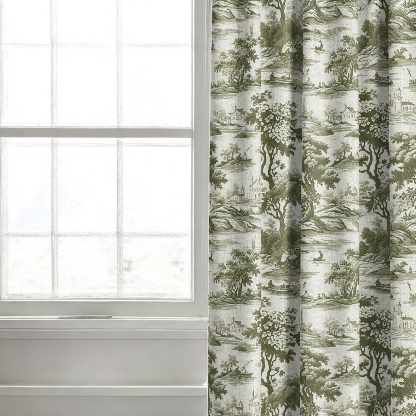 Green riverbend toile fabric as curtain