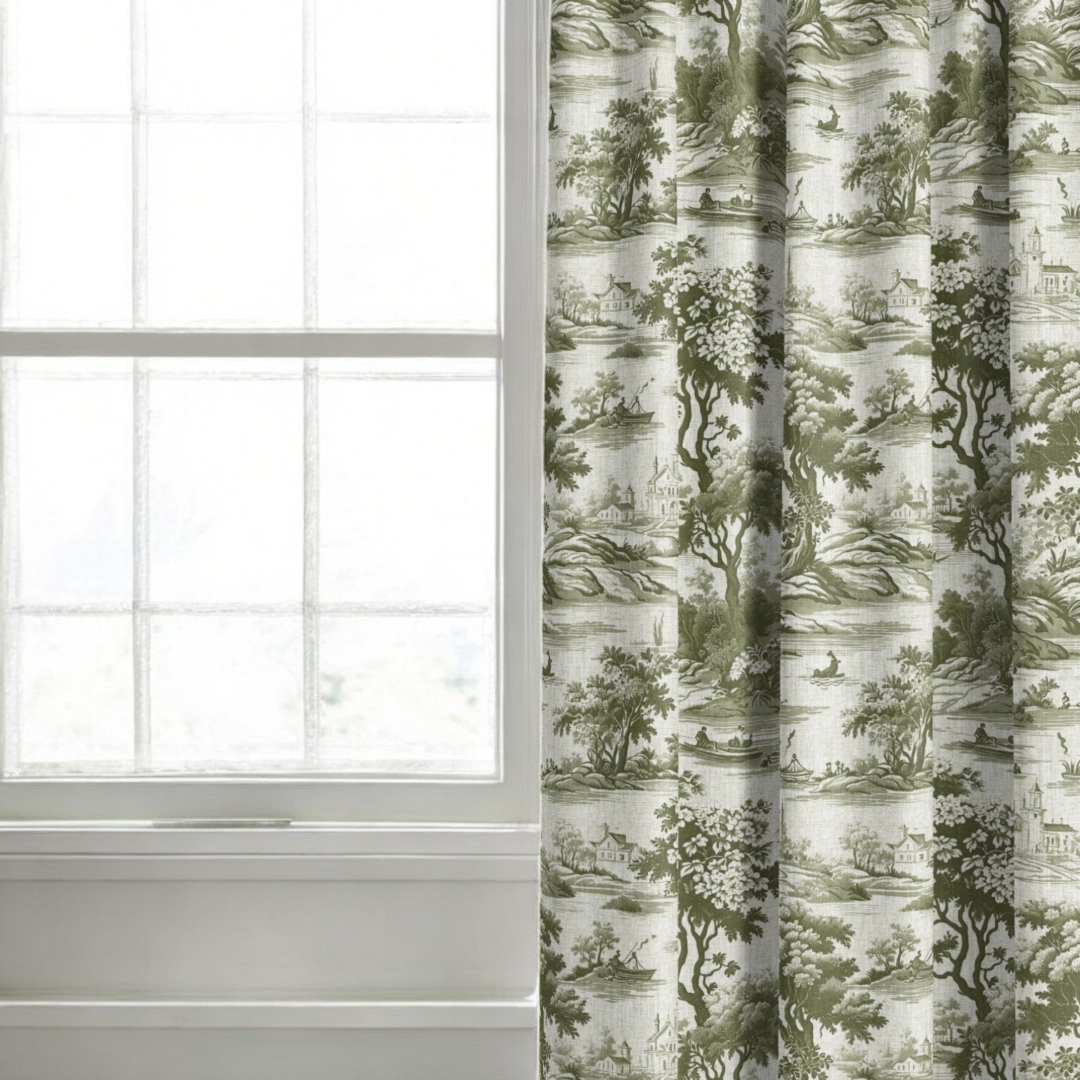Green riverbend toile fabric as curtain