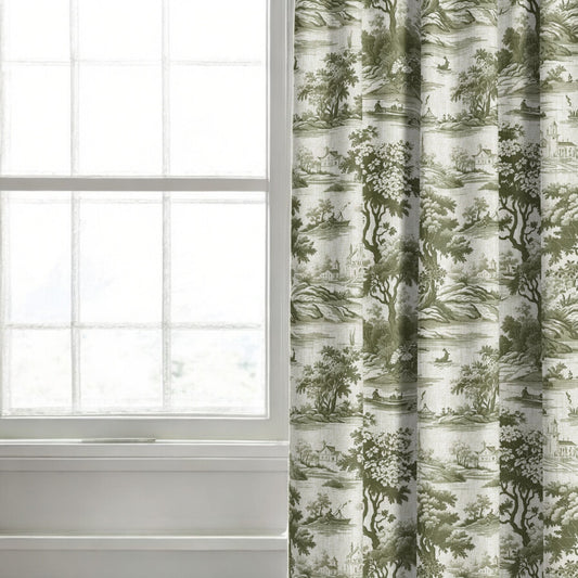 Green riverbend toile fabric as curtain