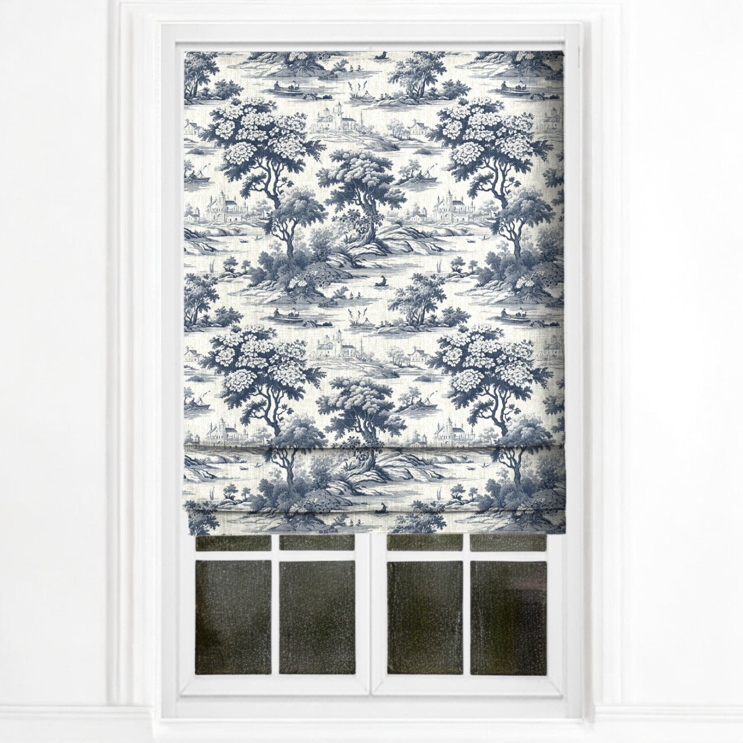 Midnight blue Riverbend toile fabric as blinds
