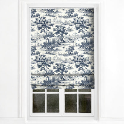 Midnight blue Riverbend toile fabric as blinds
