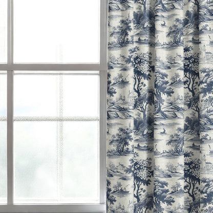 Midnight blue Riverbend toile fabric as curtain