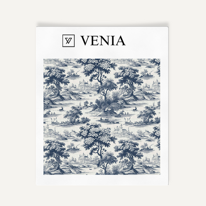 Midnight blue Riverbend toile upholstery fabric swatch by Venia Home