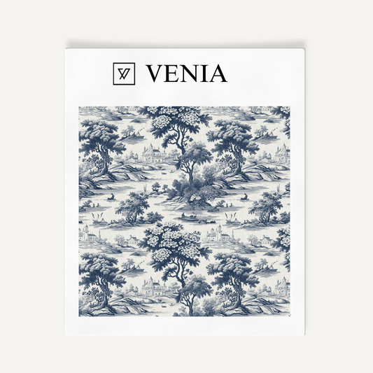 Midnight blue Riverbend toile upholstery fabric swatch by Venia Home