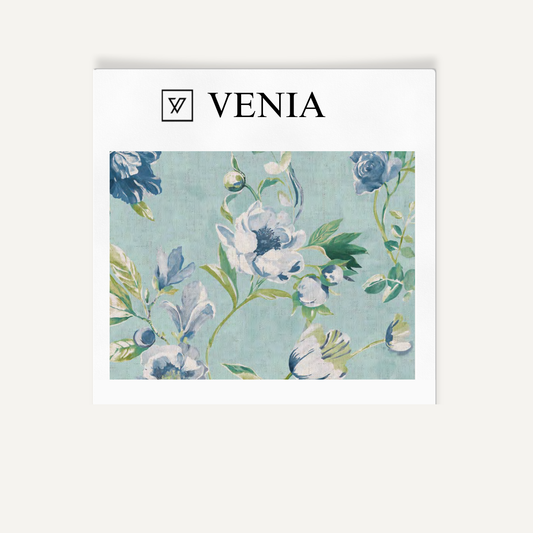 Aqua with blue flowers romance bloom upholstery fabric swatch by Venia Home
