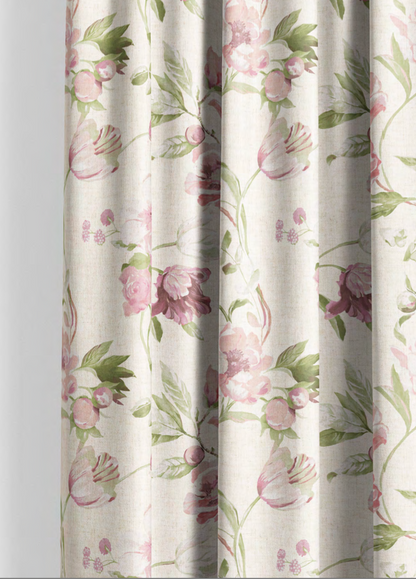 Close-up detail of cream romance bloom fabric with pink flowers