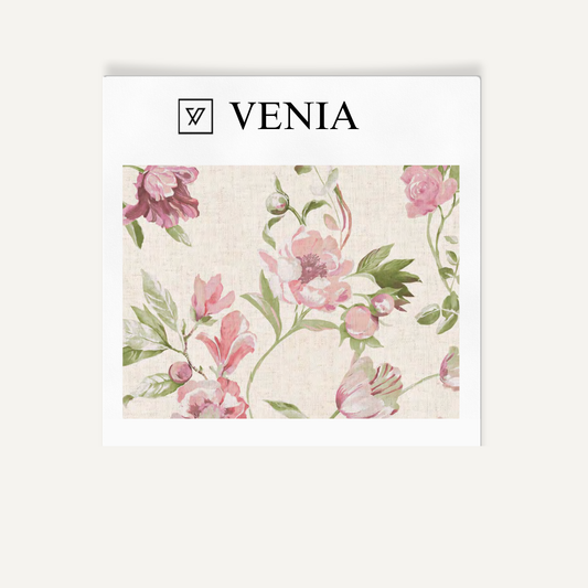 Cream with pink flowers romance bloom upholstery fabric swatch by Venia Home