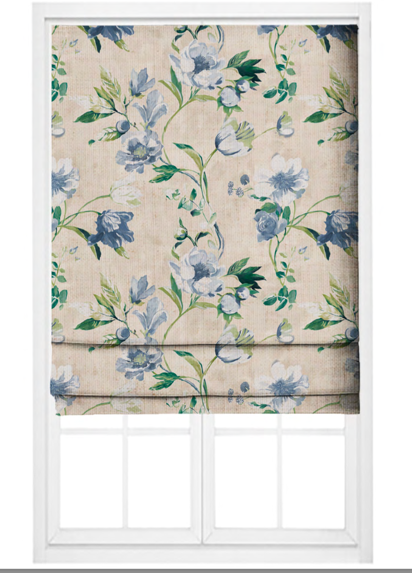 Close-up detail of ecru romance bloom fabric with blue flowers