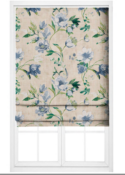 Close-up detail of ecru romance bloom fabric with blue flowers