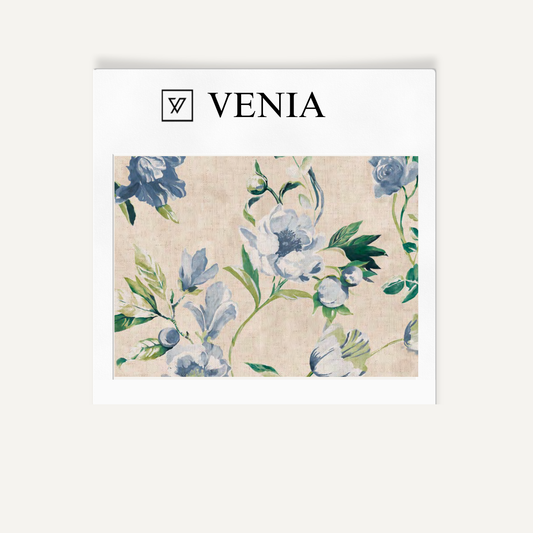 Ecru with blue flowers romance bloom upholstery fabric swatch by Venia Home