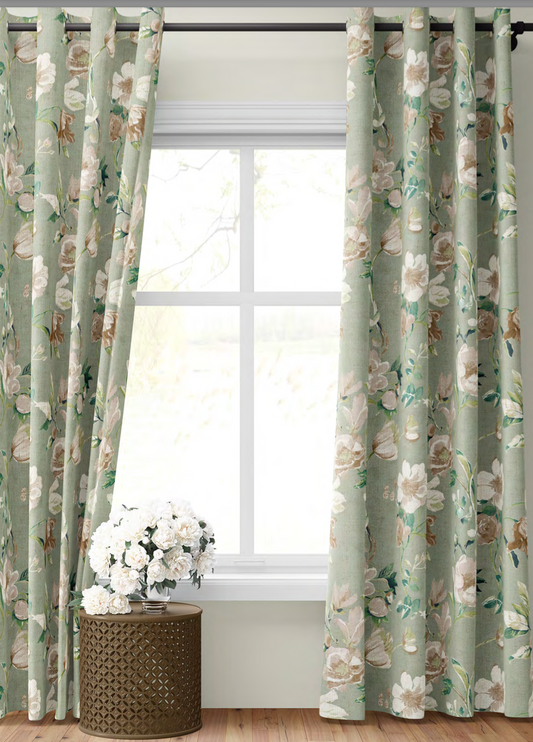 Close-up detail of sage romance bloom fabric