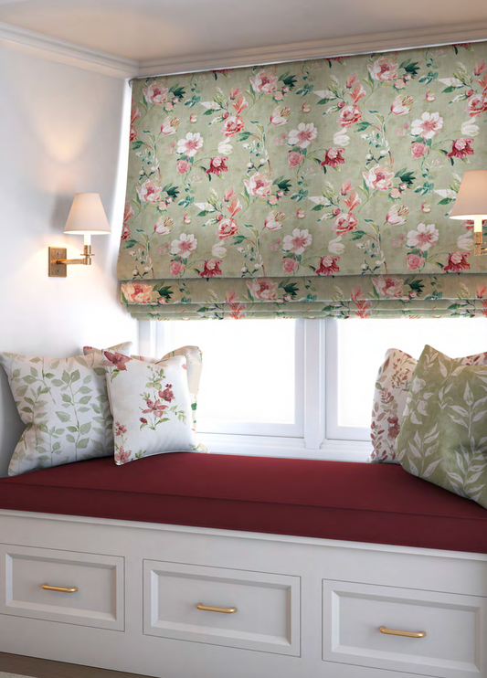 Close-up detail of sage romance bloom fabric with pink flowers