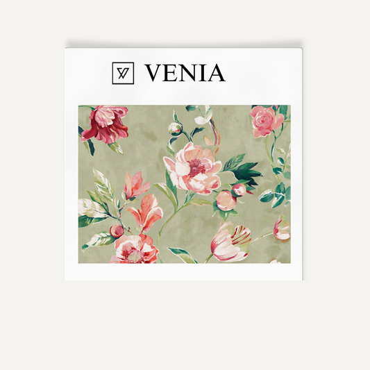 Sage with pink flowers romance bloom upholstery fabric swatch by Venia Home