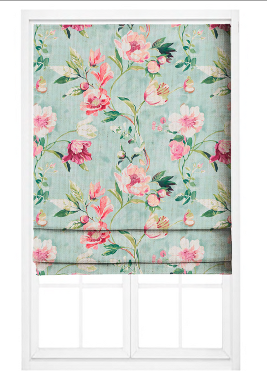 Close-up detail of sky blue romance bloom fabric with pink flowers