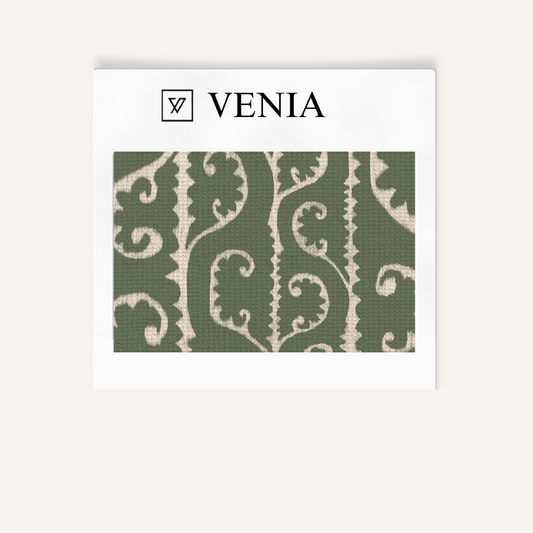 Green scrollwork upholstery fabric swatch by Venia Home