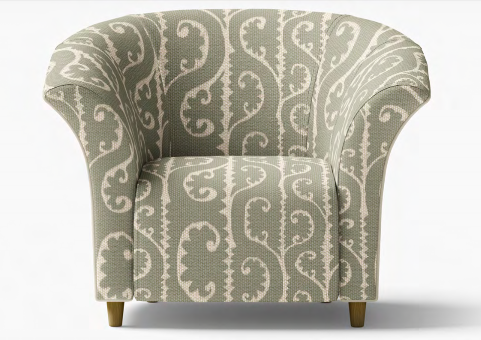 Close-up detail of grey scrollwork fabric