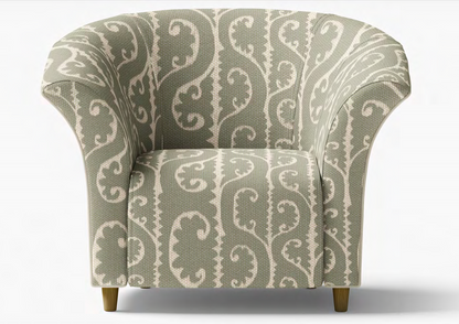 Close-up detail of grey scrollwork fabric