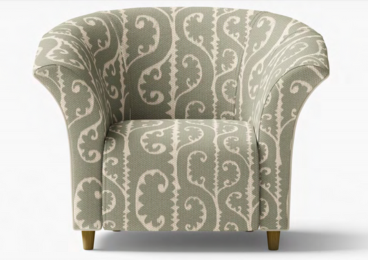 Close-up detail of grey scrollwork fabric