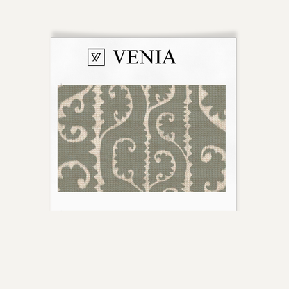 Grey scrollwork upholstery fabric swatch by Venia Home