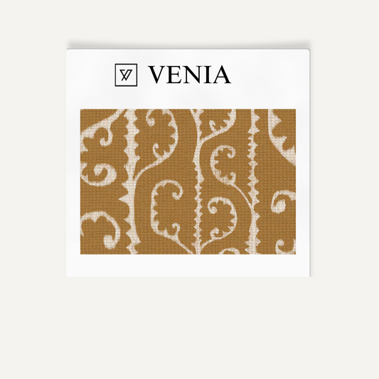 Ochre scrollwork upholstery fabric swatch by Venia Home