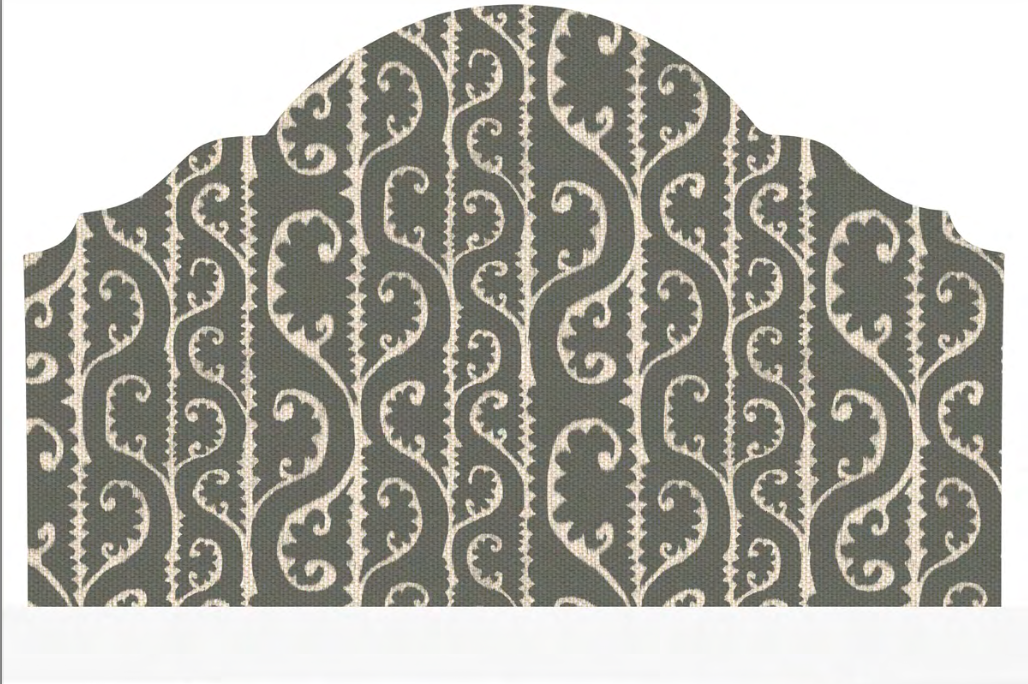 Close-up detail of slate grey scrollwork fabric