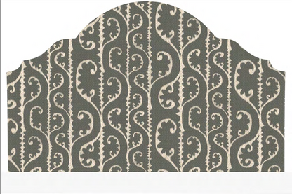 Close-up detail of slate grey scrollwork fabric