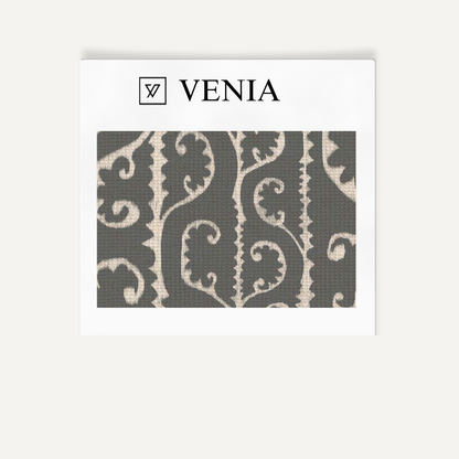 Slate grey scrollwork upholstery fabric swatch by Venia Home