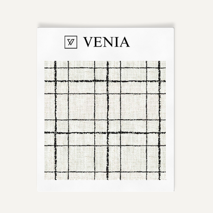 Ivory and black sketch grid upholstery fabric swatch by Venia Home