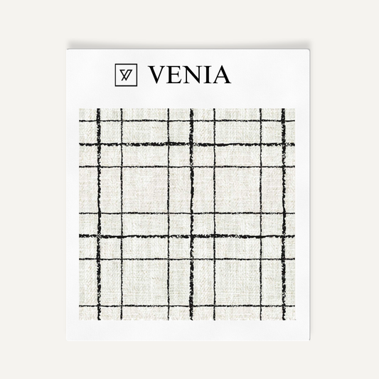 Ivory and black sketch grid upholstery fabric swatch by Venia Home