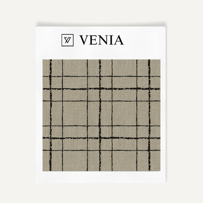 Taupe and black sketch grid upholstery fabric swatch by Venia Home