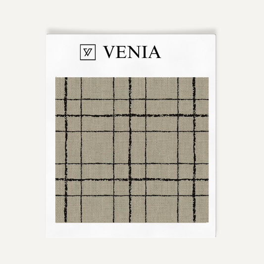 Taupe and black sketch grid upholstery fabric swatch by Venia Home