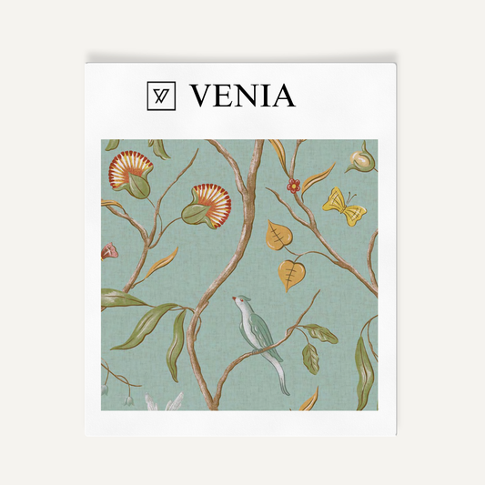 Aqua songbird trail upholstery fabric swatch by Venia Home