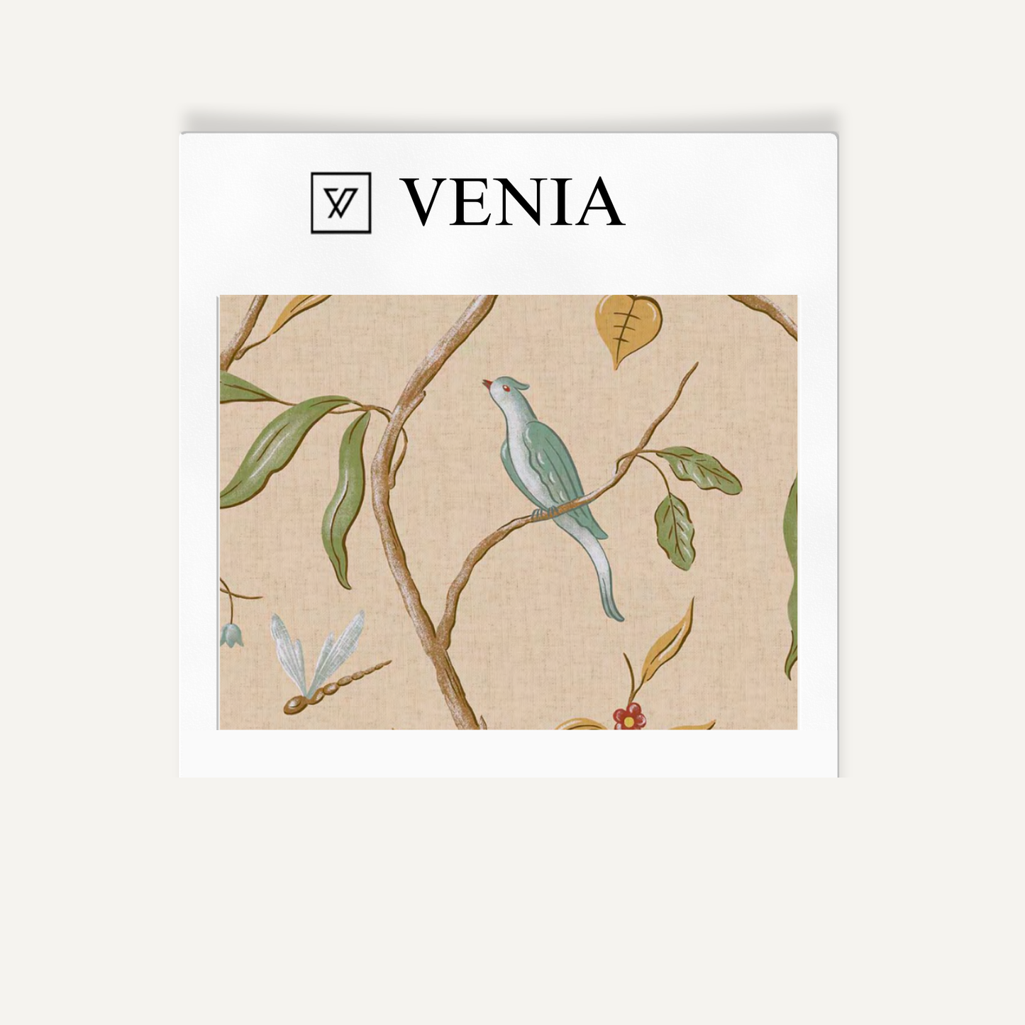 Beige songbird trail upholstery fabric swatch by Venia Home