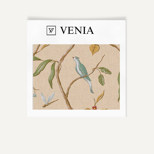 Beige songbird trail upholstery fabric swatch by Venia Home