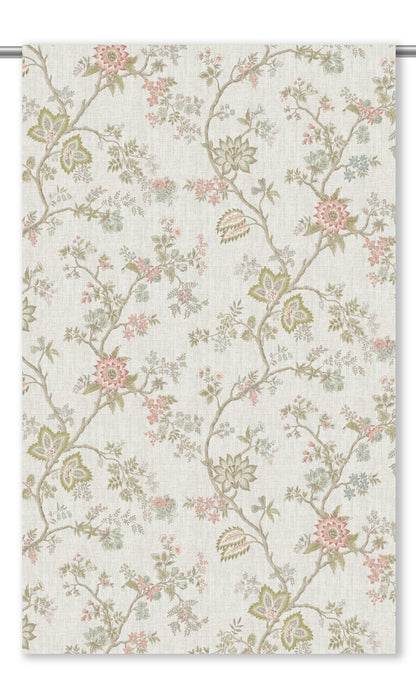 Close-up detail of ivory springtime floral fabric with baby pink flowers