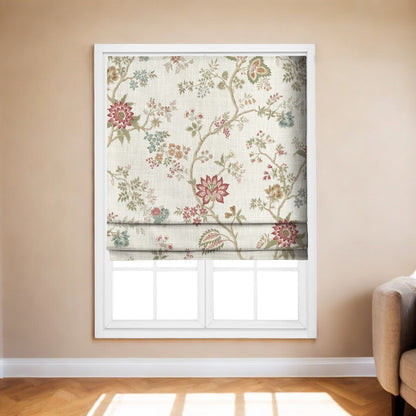 Close-up detail of ivory springtime floral fabric with crimson flowers
