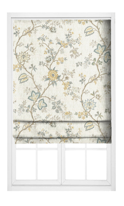 Close-up detail of ivory springtime floral fabric with soft yellow flowers