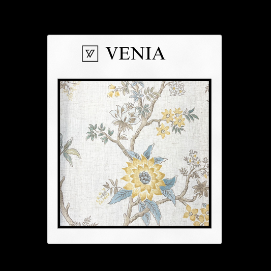 Ivory linen with soft yellow flowers springtime floral upholstery fabric swatch by Venia Home
