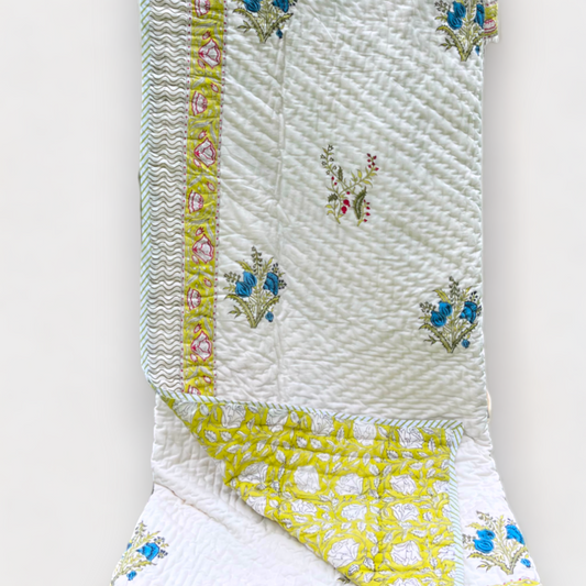 reversible hand block printed cotton quilt, hanging